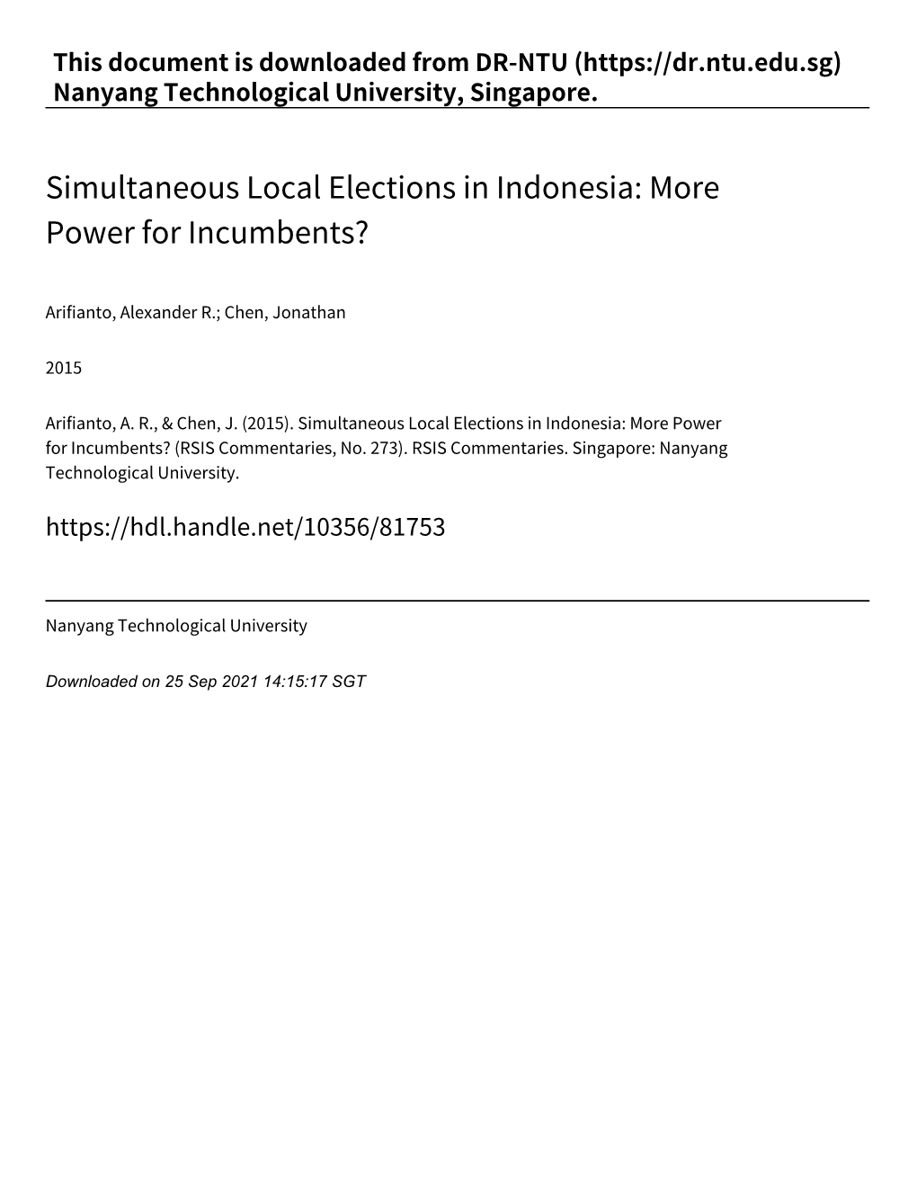 Simultaneous Local Elections in Indonesia: More Power for Incumbents?