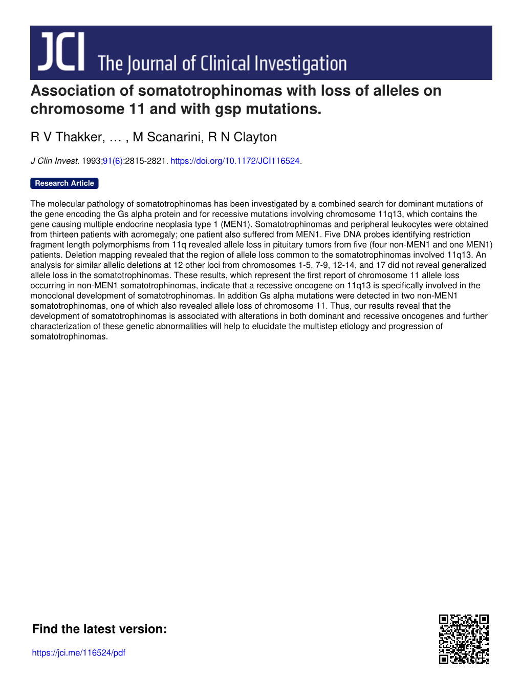 Association of Somatotrophinomas with Loss of Alleles on Chromosome 11 and with Gsp Mutations