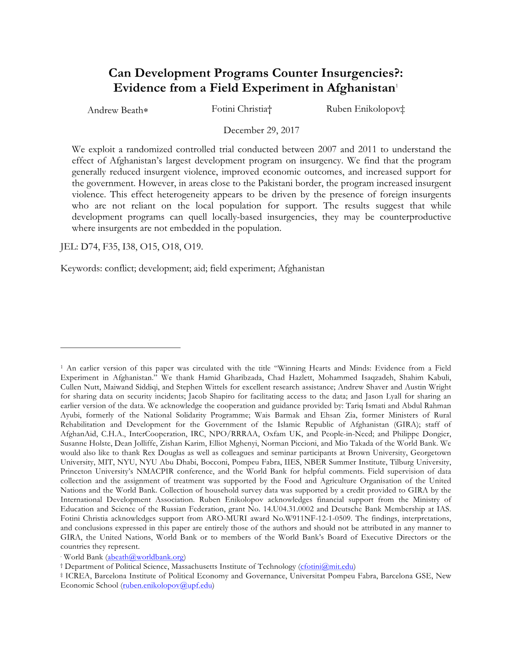 Can Development Programs Counter Insurgencies?: Evidence from a Field Experiment in Afghanistan1