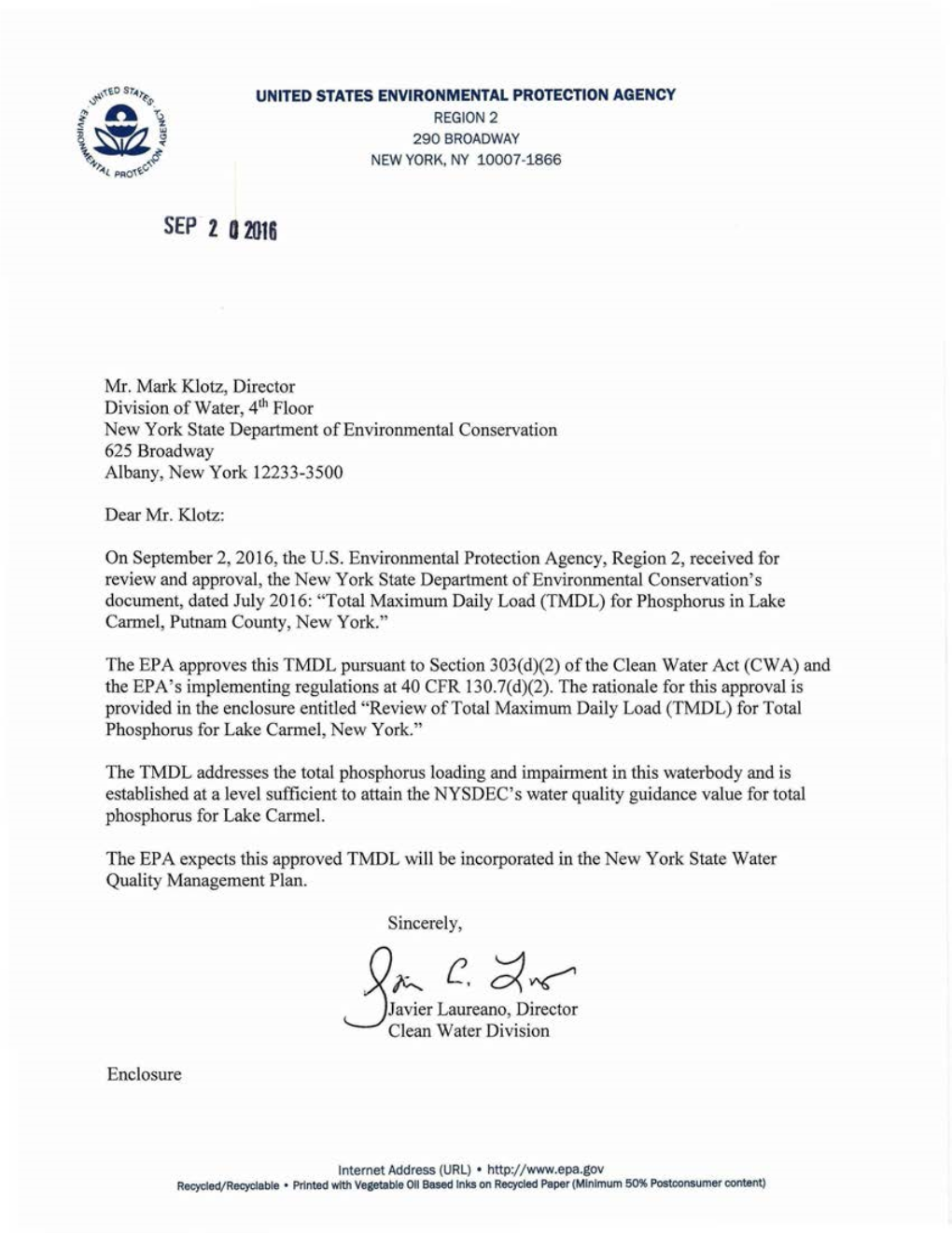 Lake Carmel TMDL EPA Approval Letter (PDF)