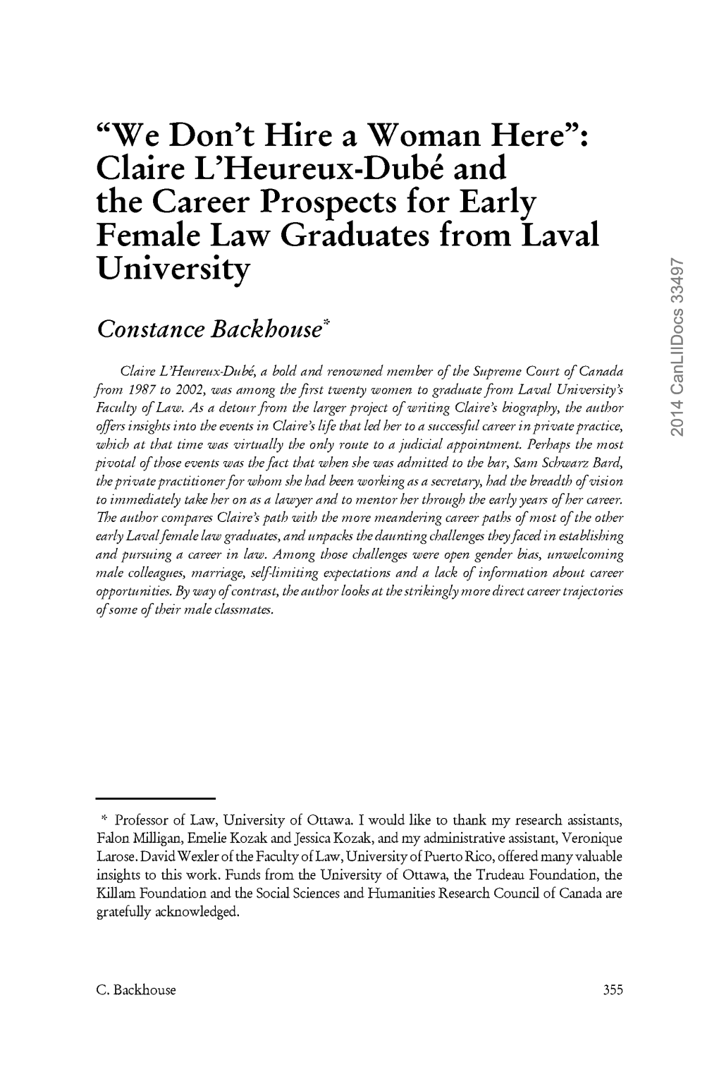 Claire L'heureux-Dub6 and the Career Prospects for Early Female Law Graduates from Laval University