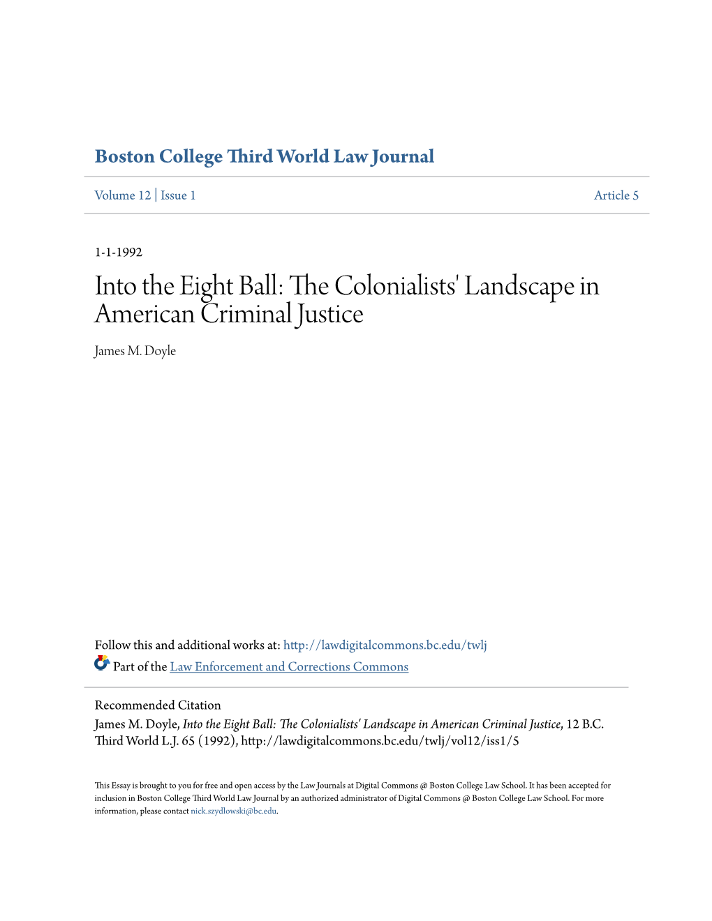 Into the Eight Ball: the Colonialists' Landscape in American Criminal Justice, 12 B.C