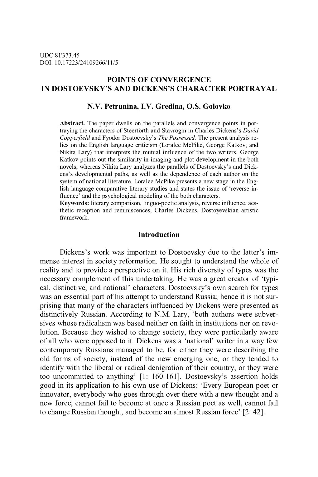 Points of Convergence in Dostoevsky's and Dickens's