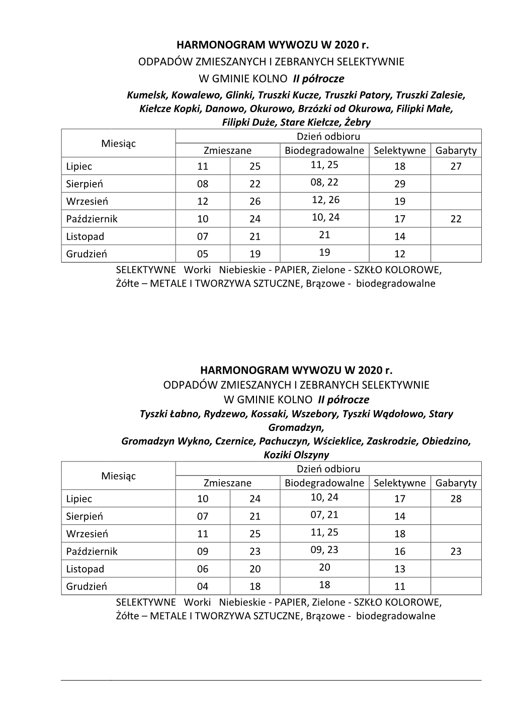 HARMONOGRAM WYWOZU W 2020 R. ODPADÓW ZMIESZANYCH I