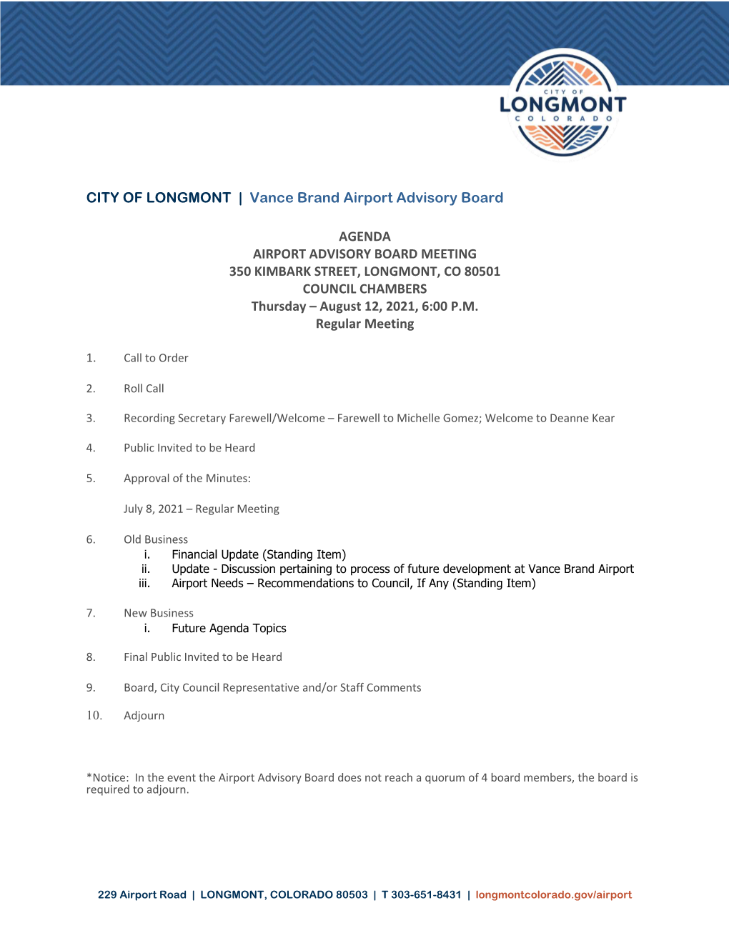 CITY of LONGMONT | Vance Brand Airport Advisory Board AGENDA