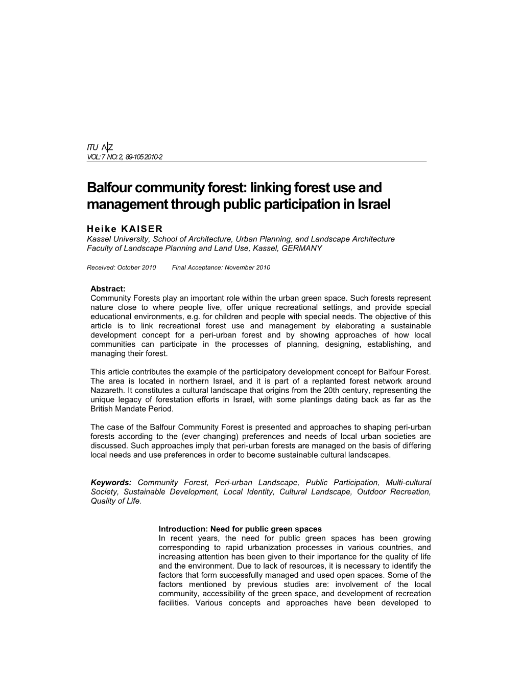 Balfour Community Forest: Linking Forest Use and Management Through Public Participation in Israel