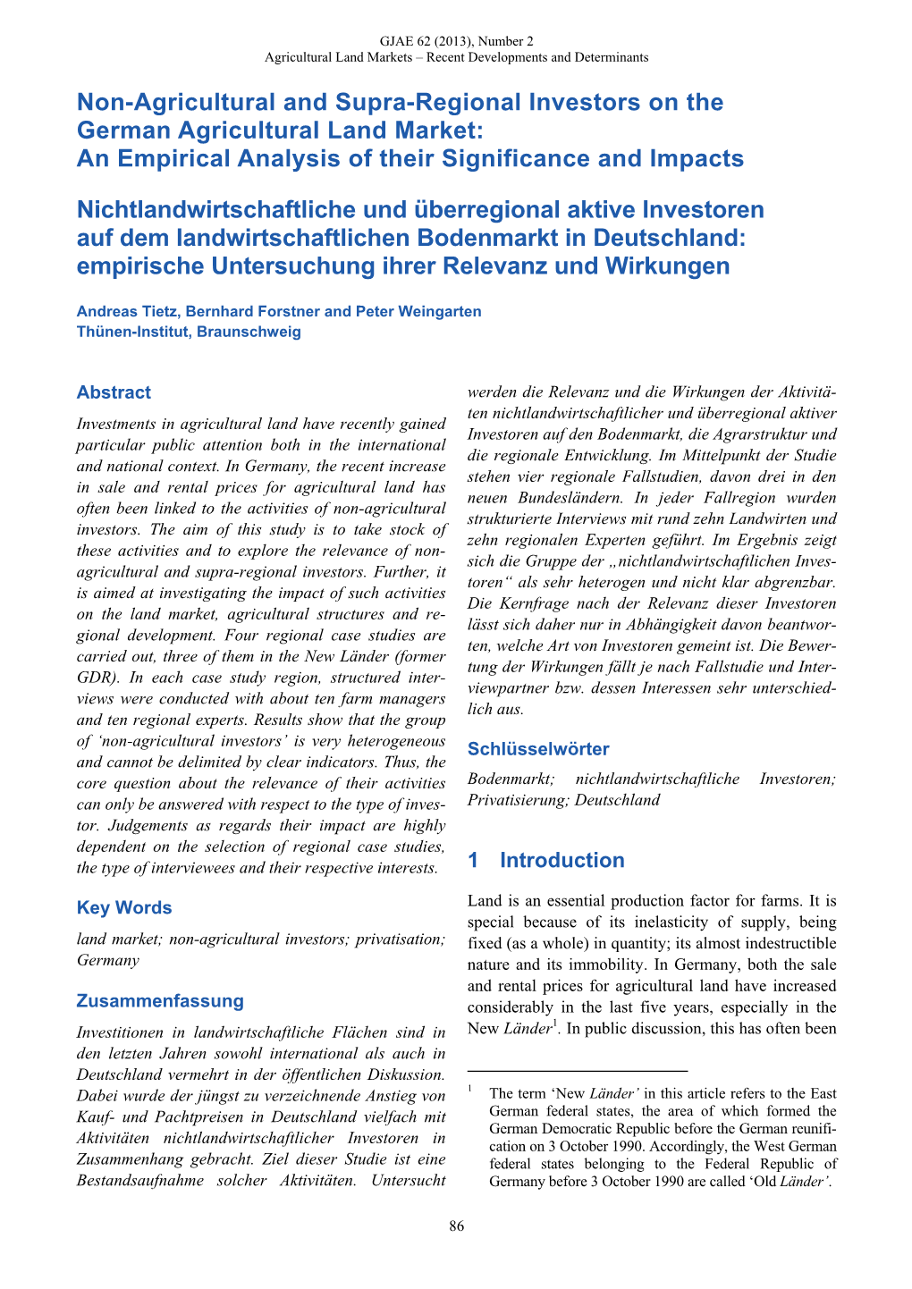 Non-Agricultural and Supra-Regional Investors on the German Agricultural Land Market: an Empirical Analysis of Their Significance and Impacts