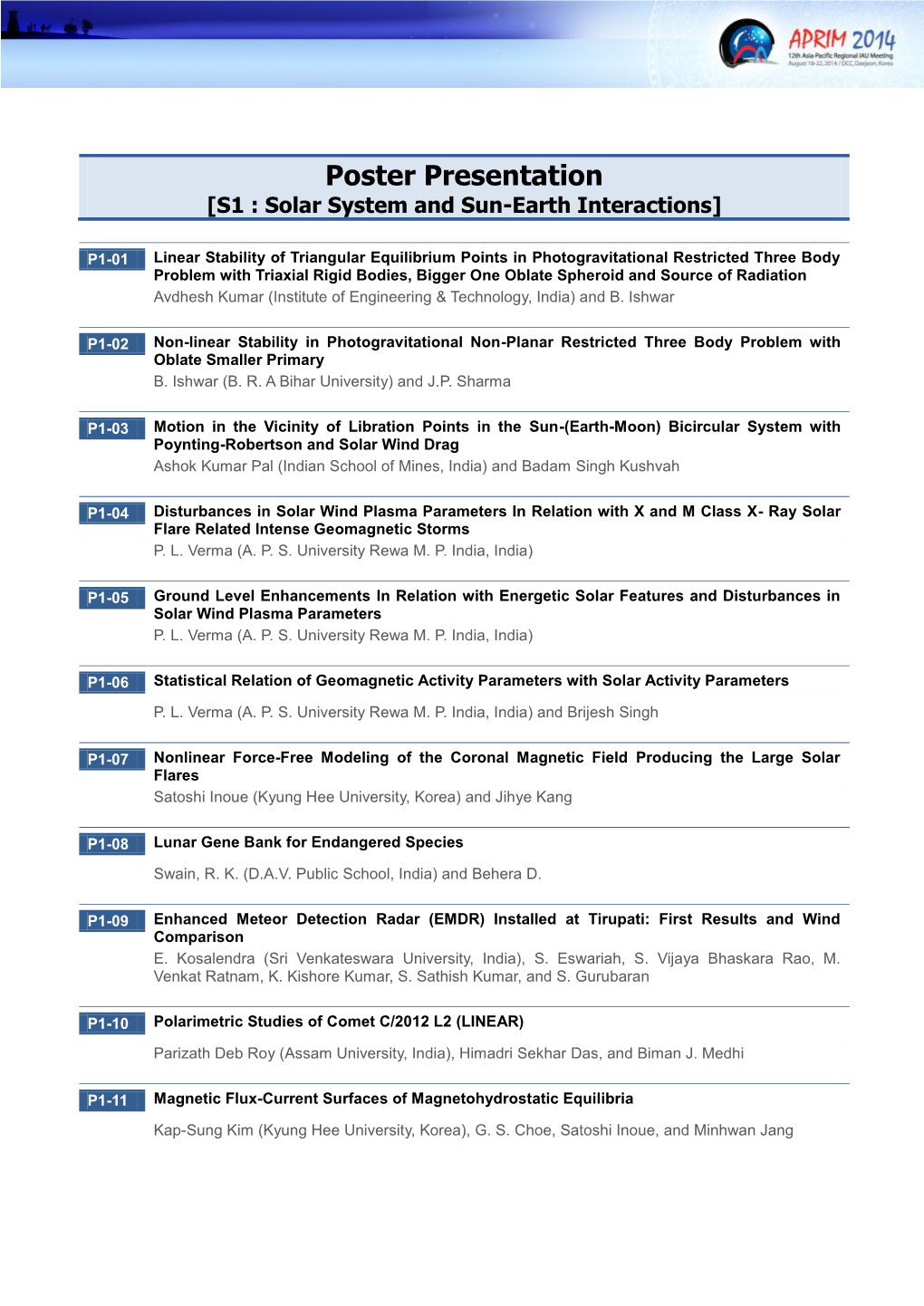 Poster Presentation [S1 : Solar System and Sun-Earth Interactions]