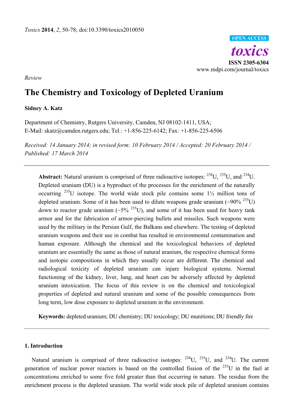 The Chemistry and Toxicology of Depleted Uranium