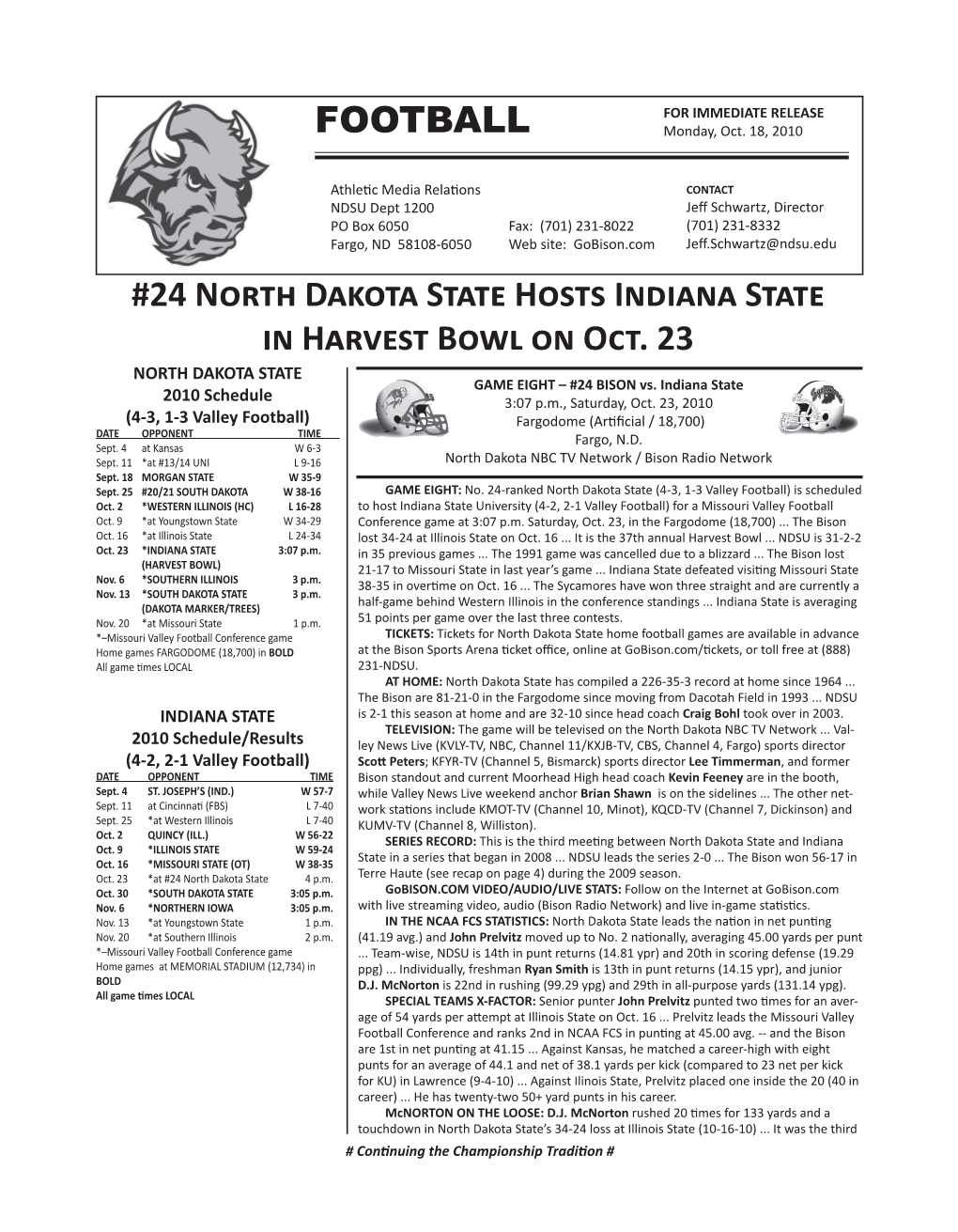 24 North Dakota State Hosts Indiana State in Harvest Bowl on Oct