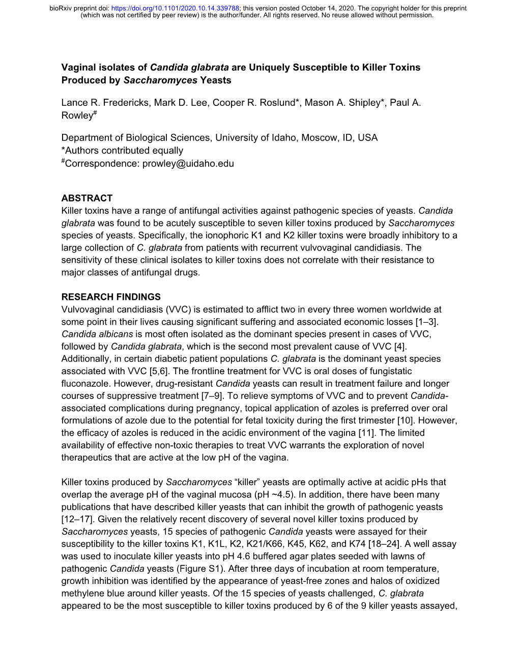 Vaginal Isolates of Candida Glabrata Are Uniquely Susceptible to Killer Toxins Produced by Saccharomyces Yeasts