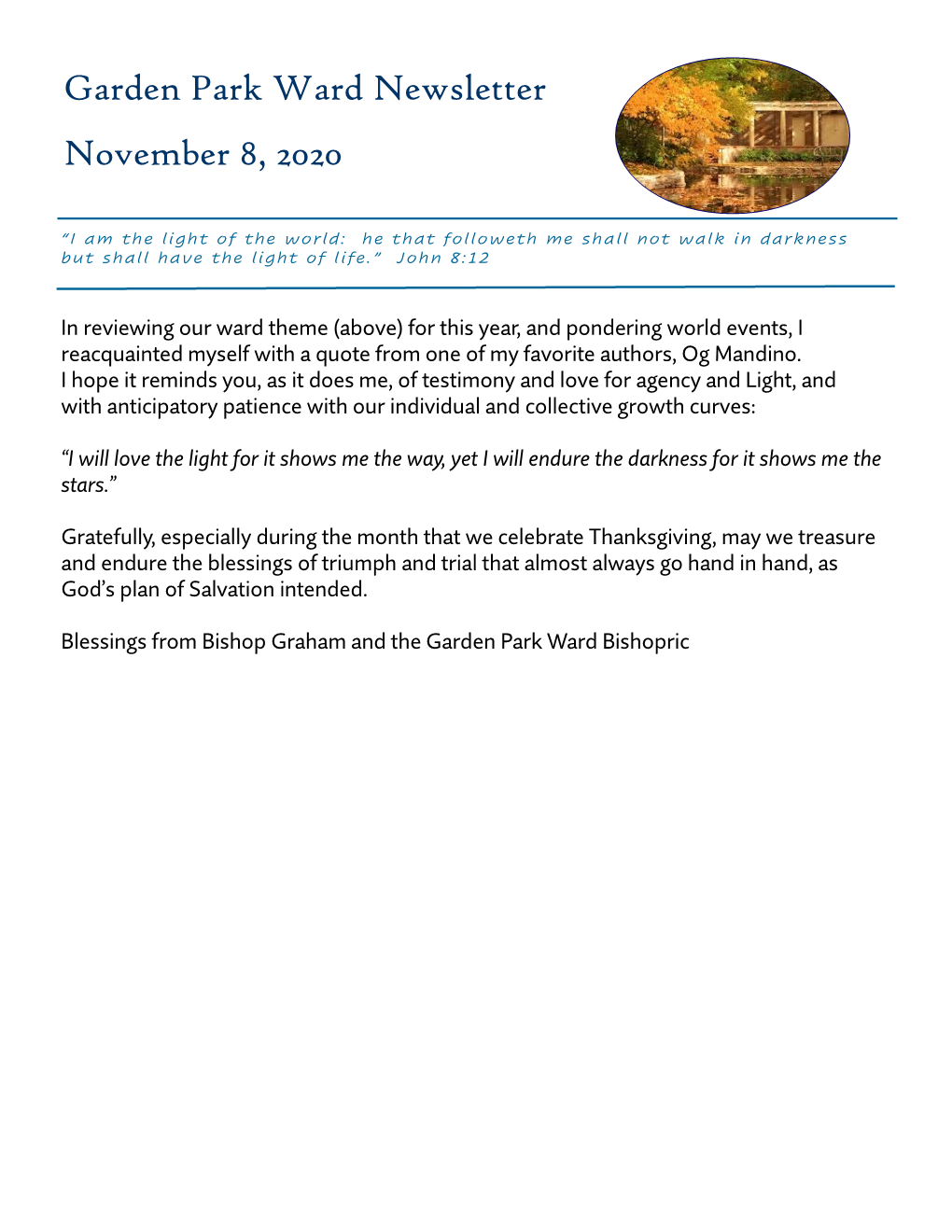 Garden Park Ward Newsletter November 8, 2020