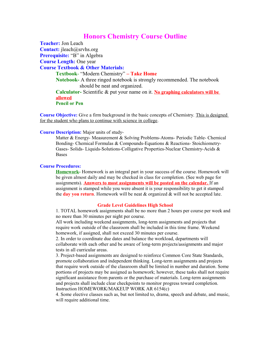 Chemistry Course Outline