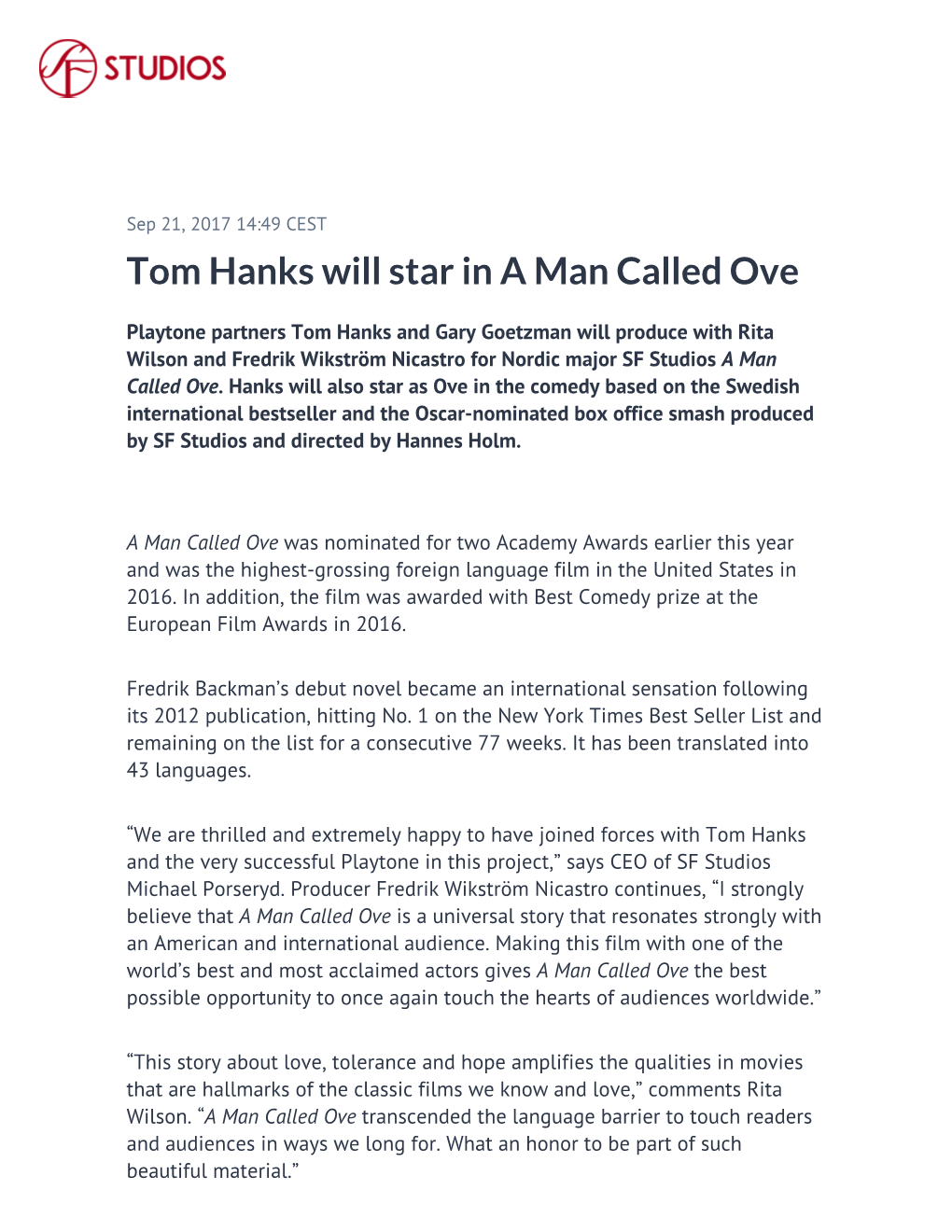 Tom Hanks Will Star in a Man Called Ove