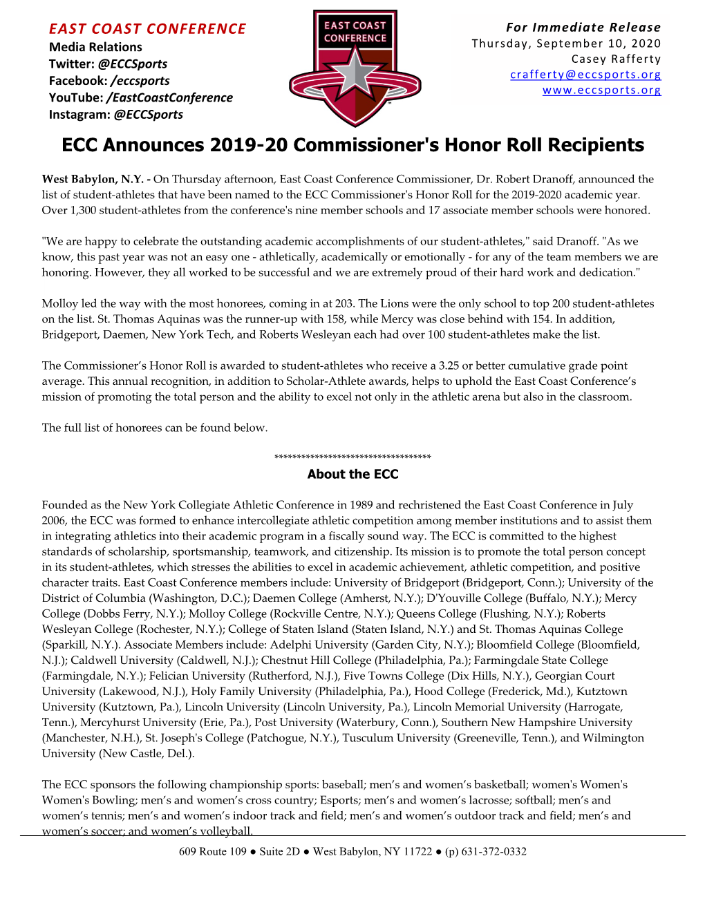 ECC Announces 2019-20 Commissioner's Honor Roll Recipients