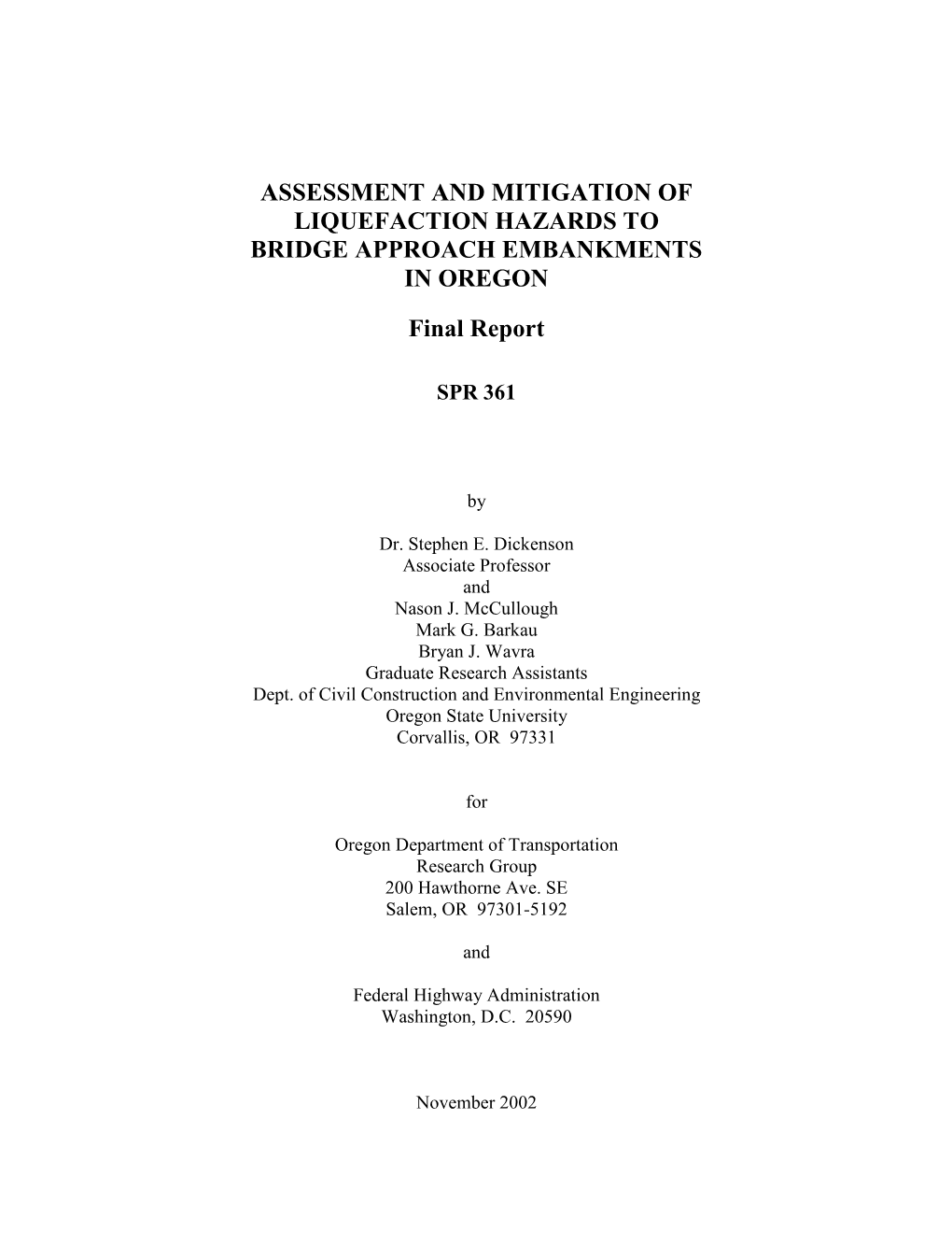 Assessment and Mitigation of Liquefaction Hazards to Bridge Approach Embankments in Oregon