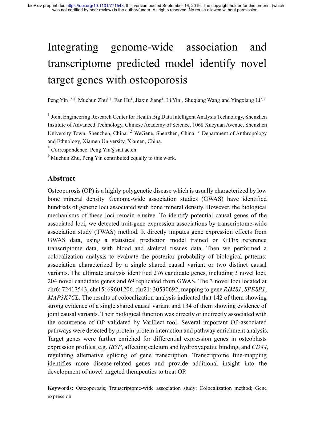 Integrating Genome-Wide Association and Transcriptome Predicted Model Identify Novel Target Genes with Osteoporosis