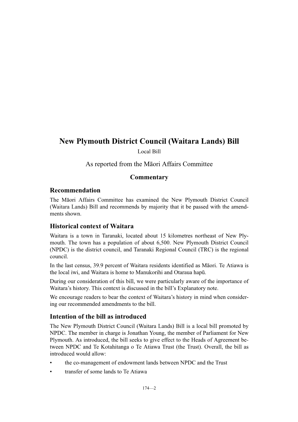 New Plymouth District Council (Waitara Lands) Bill