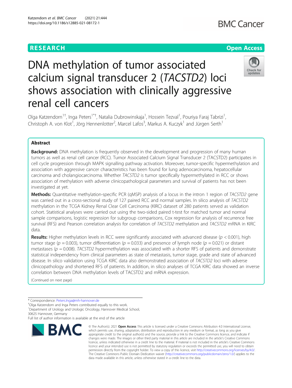 DNA Methylation of Tumor Associated Calcium Signal