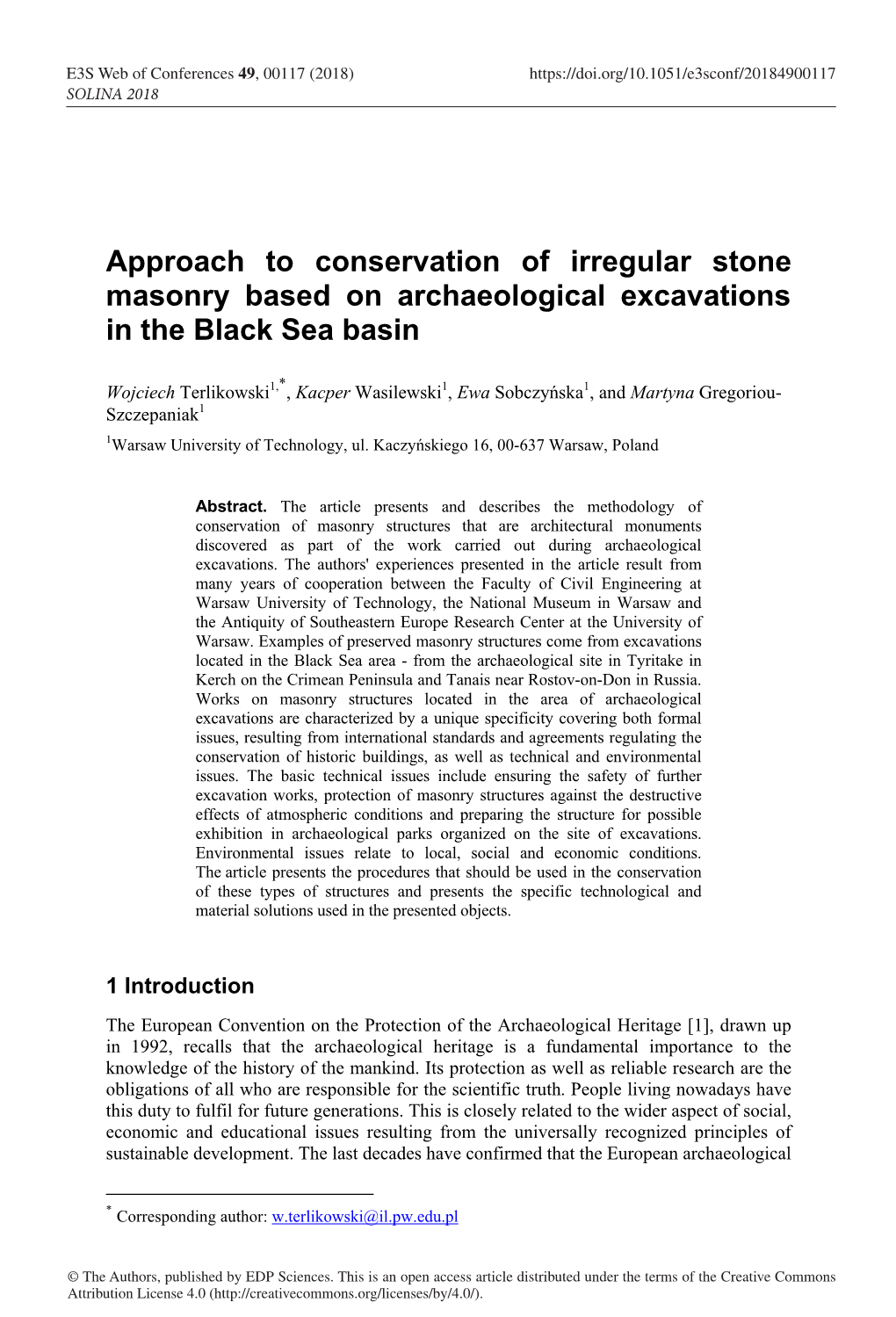 Approach to Conservation of Irregular Stone Masonry Based on Archaeological Excavations in the Black Sea Basin