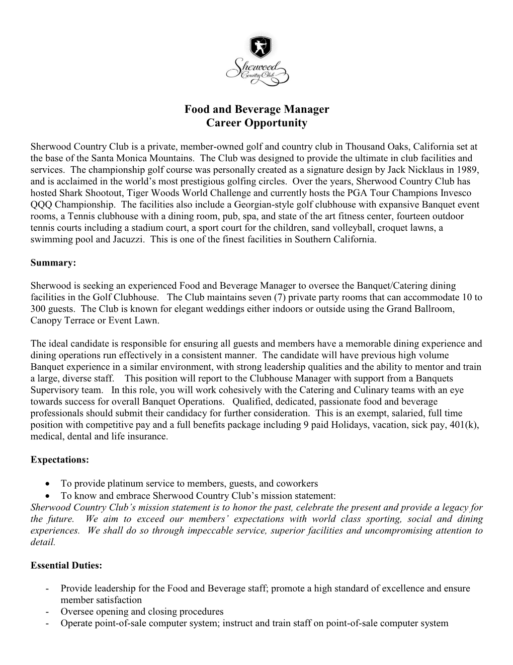Food and Beverage Manager Career Opportunity