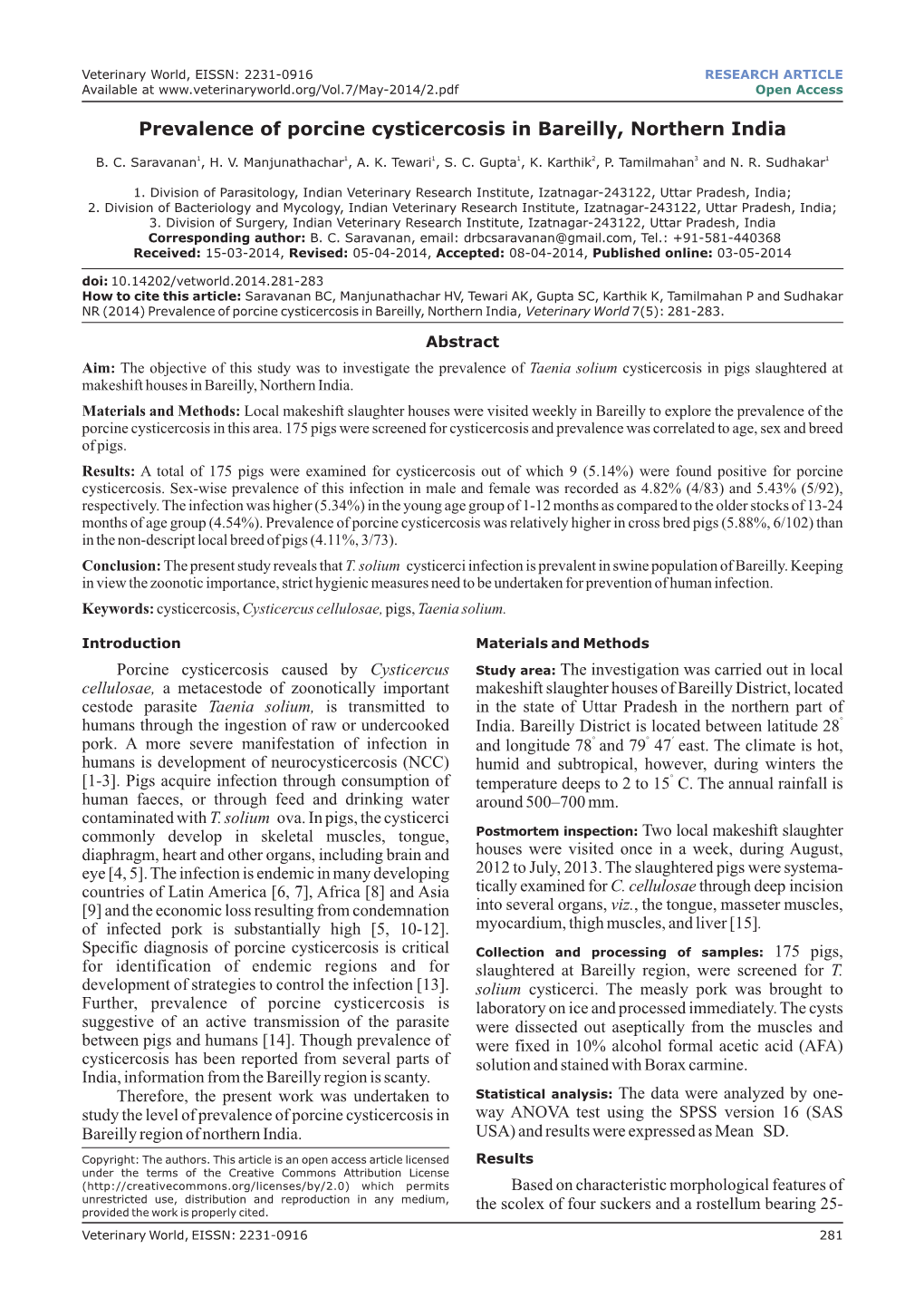 Prevalence of Porcine Cysticercosis in Bareilly, Northern India