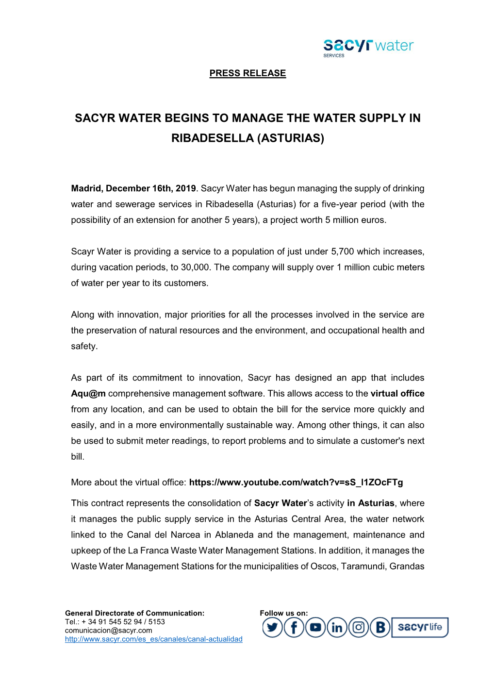 Sacyr Water Begins to Manage the Water Supply in Ribadesella (Asturias)