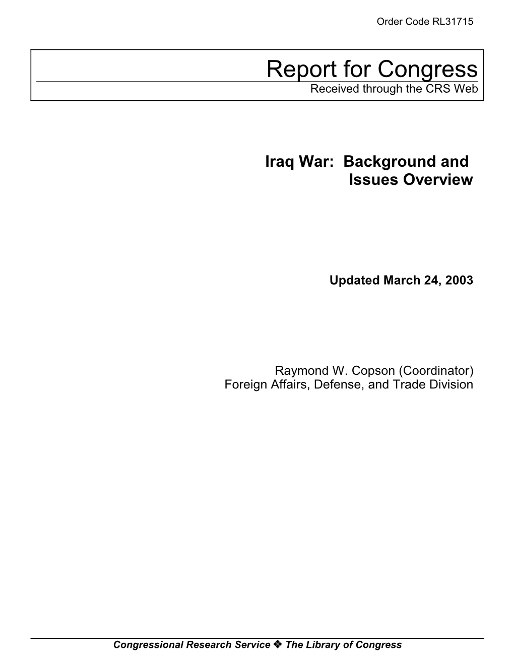 Iraq War: Background and Issues Overview