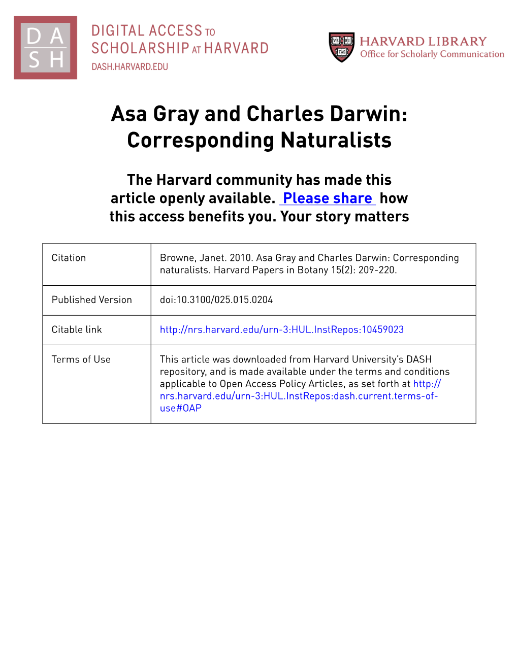 Asa Gray and Charles Darwin: Corresponding Naturalists