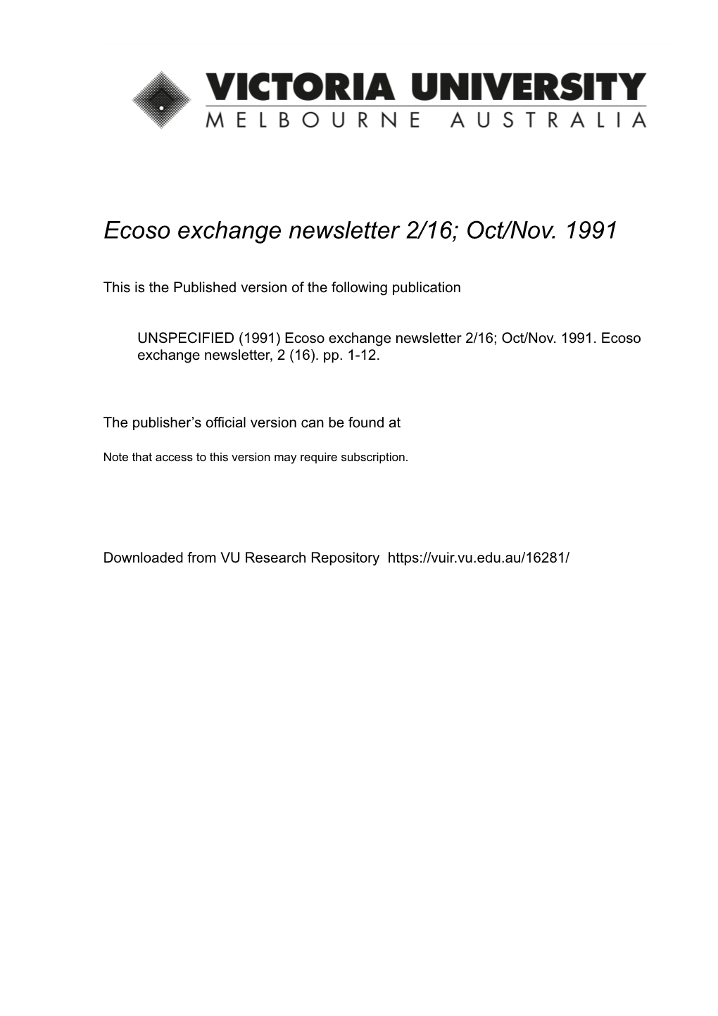 Ecoso Exchange Newsletter 2/16; Oct/Nov