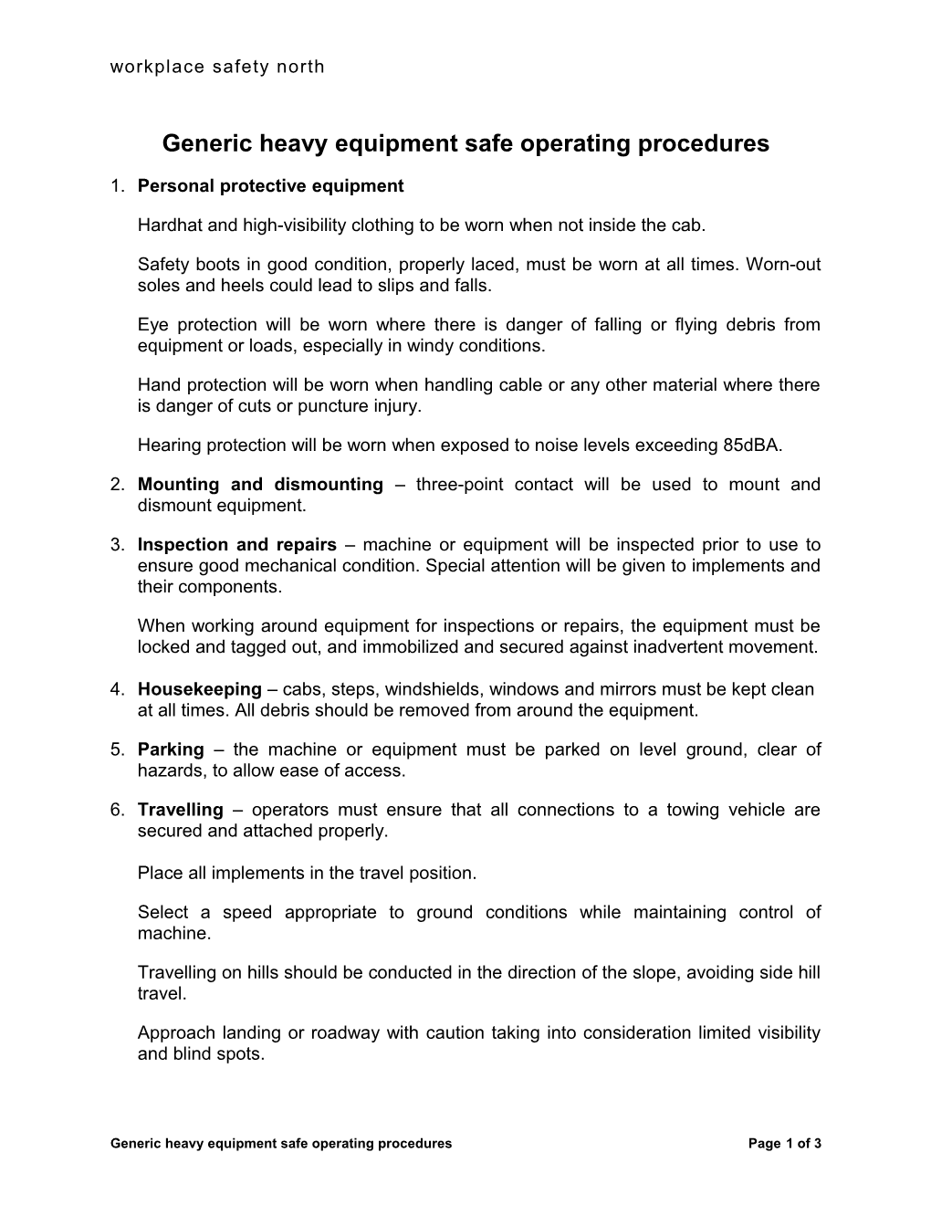 Generic Heavy Equipment Safe Operating Procedures