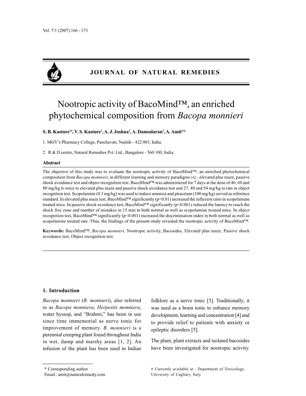 Nootropic Activity of Bacomind™, an Enriched Phytochemical Composition from Bacopa Monnieri