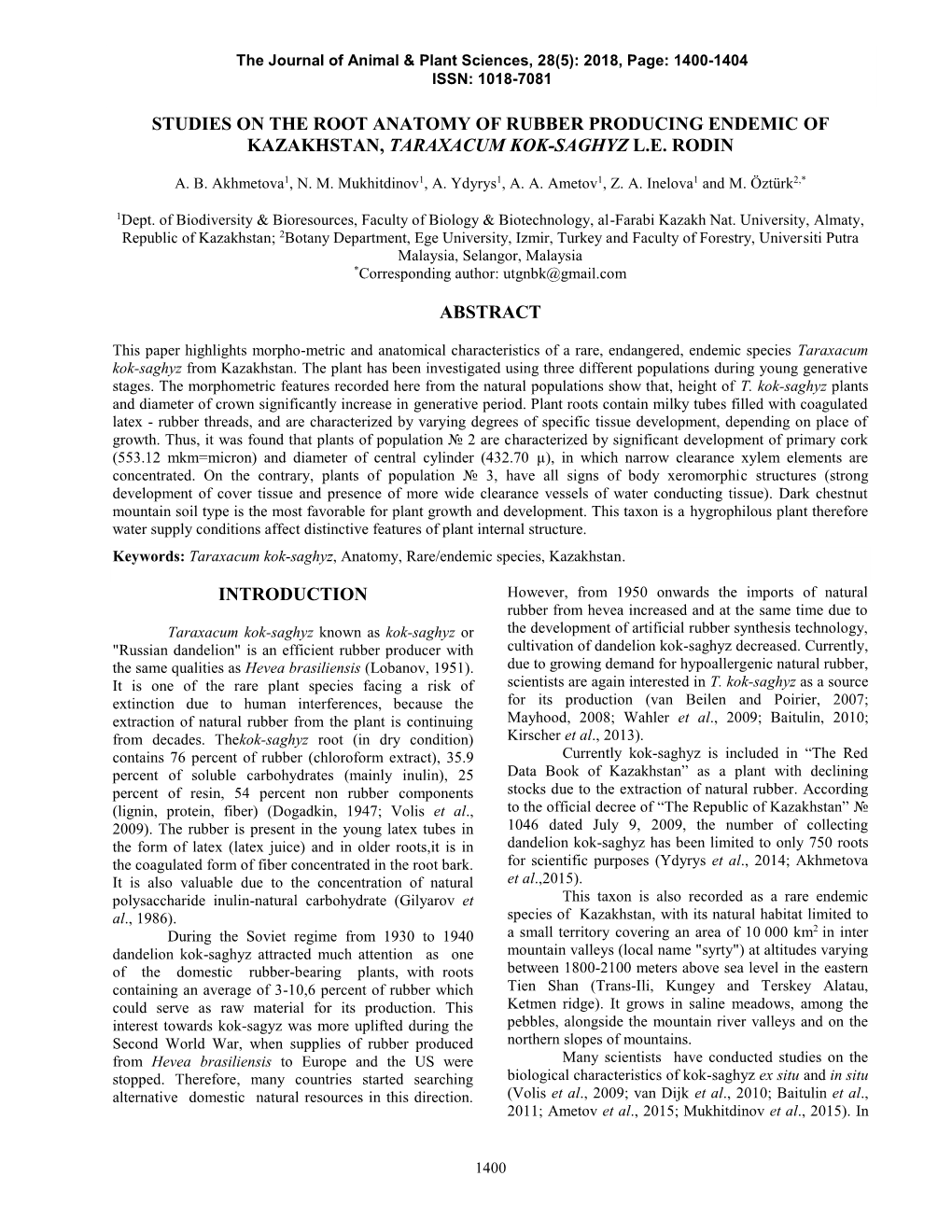 Studies on the Root Anatomy of Rubber Producing Endemic of Kazakhstan, Taraxacum Kok-Saghyz L.E