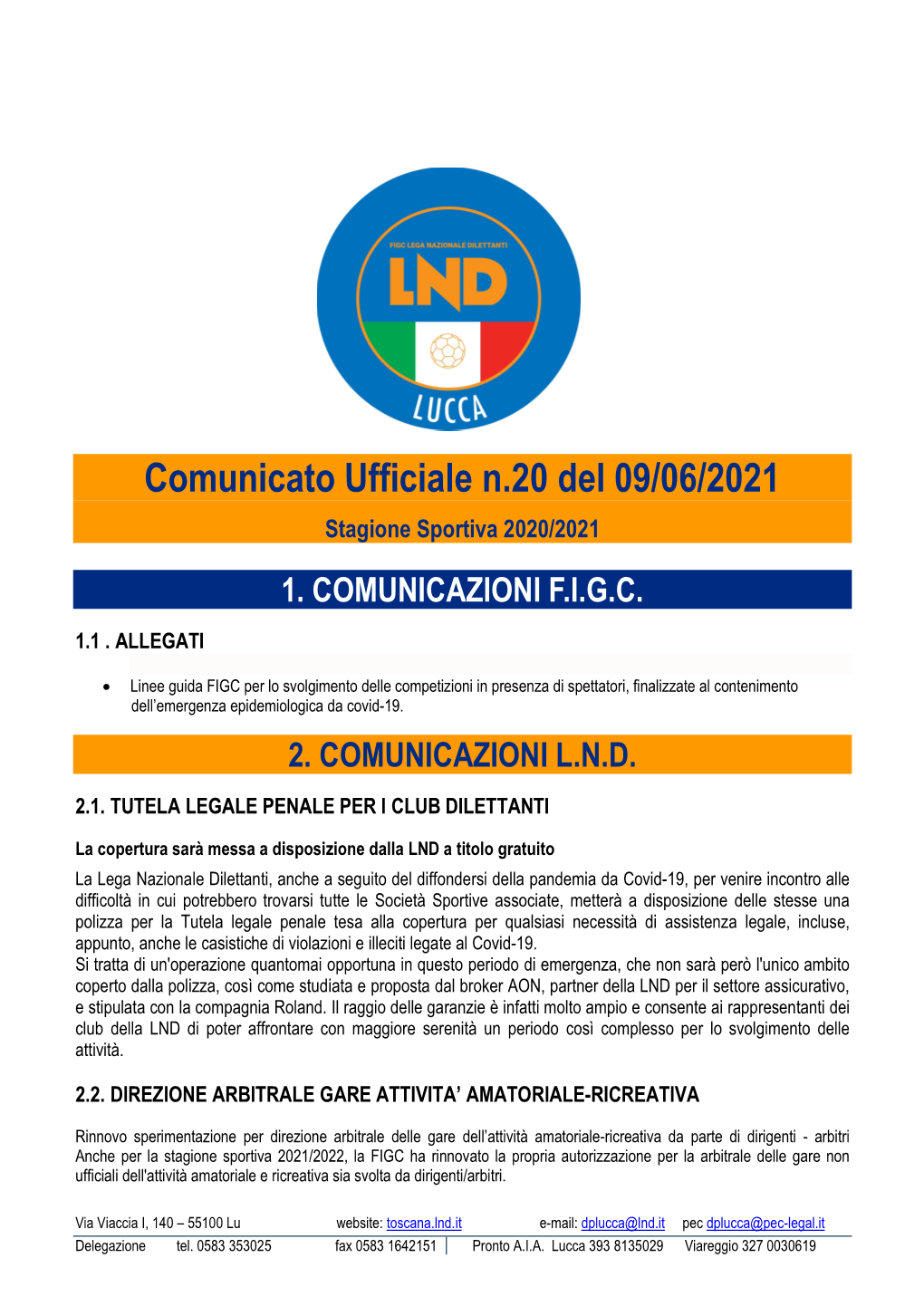 Comunicato Ufficiale N.20 Del 09/06/2021