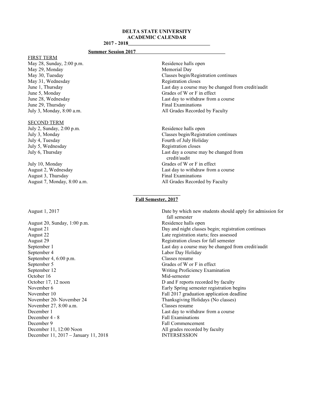 Delta State University Academic Calendar 2017 - 2018