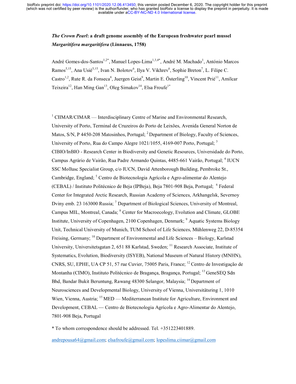 The Crown Pearl: a Draft Genome Assembly of the European Freshwater Pearl Mussel Margaritifera Margaritifera (Linnaeus, 1758)