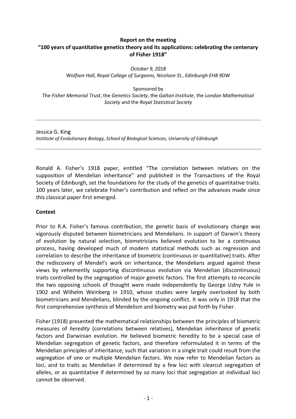 100 Years of Quantitative Genetics Theory and Its Applications: Celebrating the Centenary of Fisher 1918”