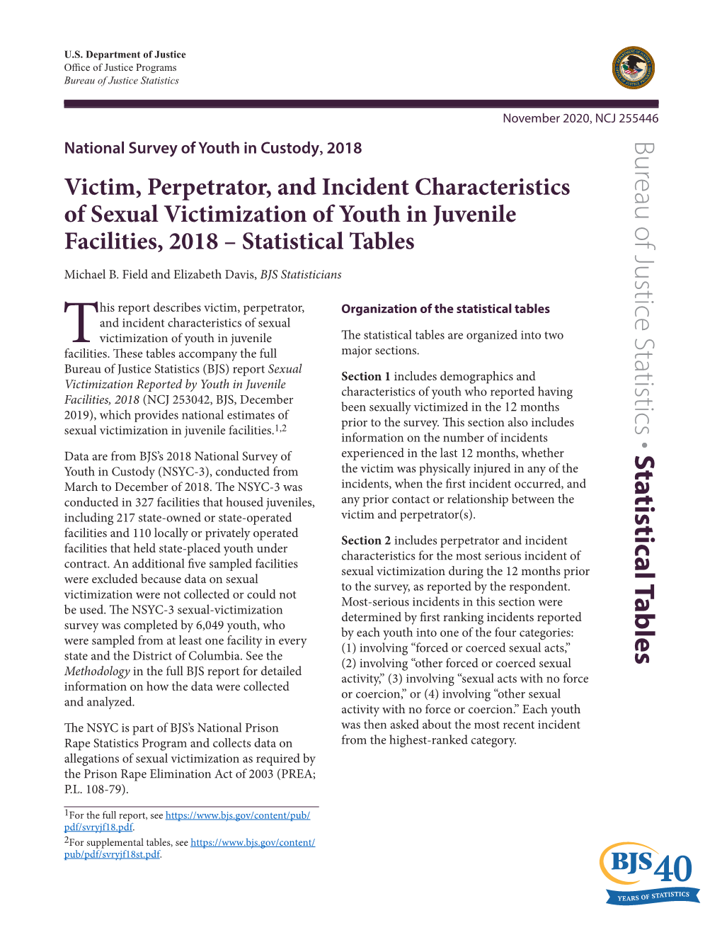 Victim, Perpetrator, and Incident Characteristics of Sexual Victimization of Youth in Juvenile Facilities, 2018 – Statistical Tables Michael B