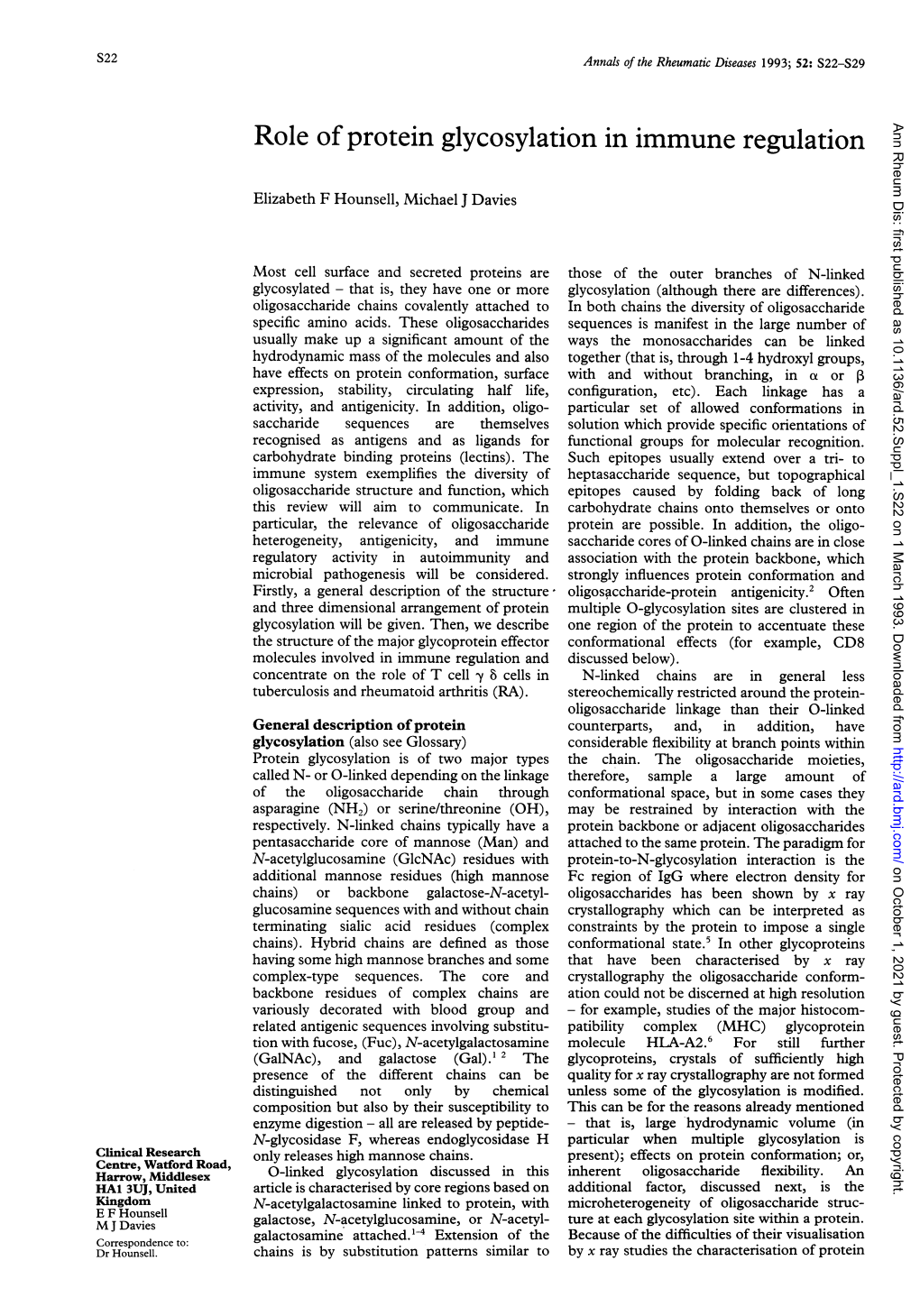 Role of Protein Glycosylation in Immune Regulation Ann Rheum Dis: First Published As 10.1136/Ard.52.Suppl 1.S22 on 1 March 1993