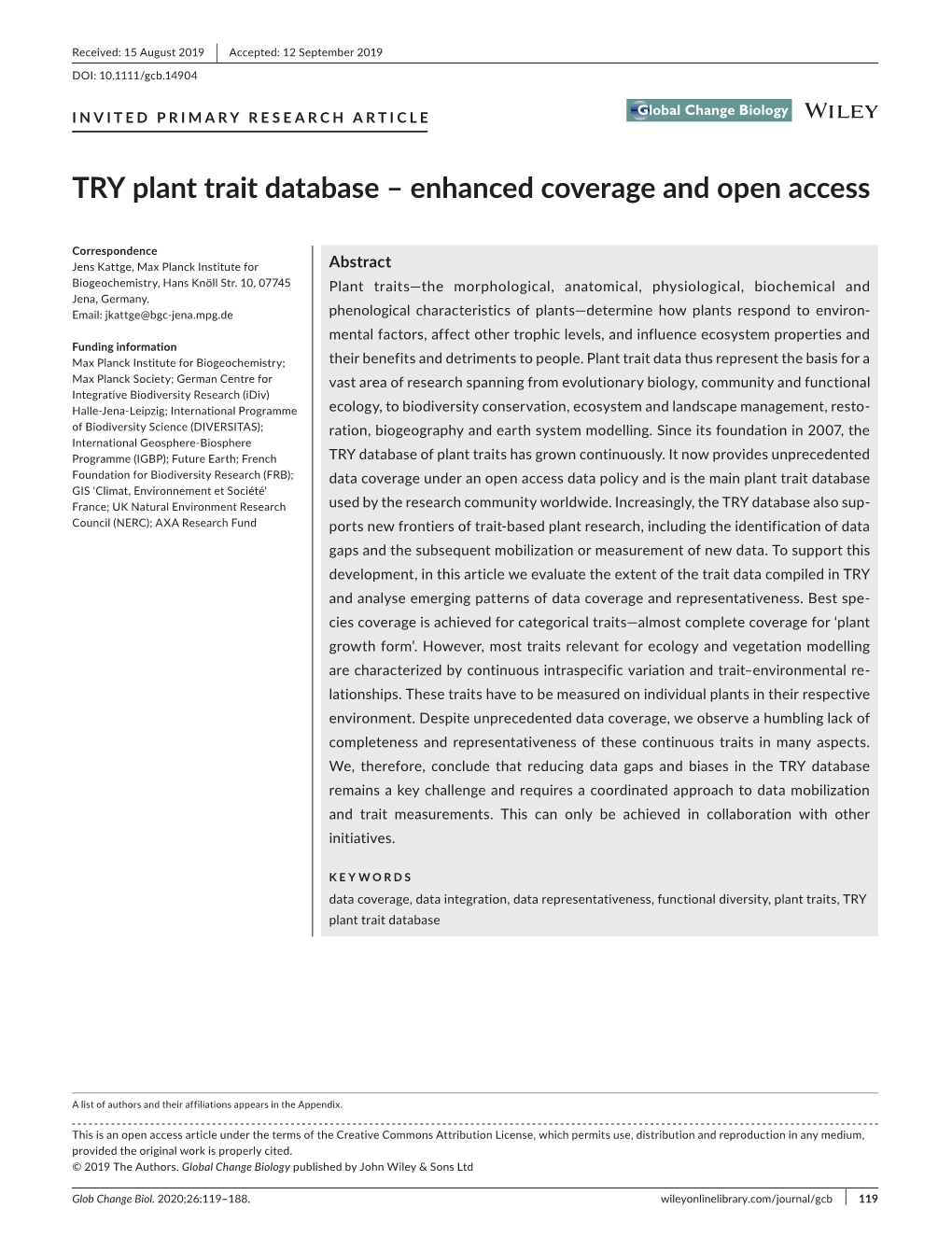 TRY Plant Trait Database –