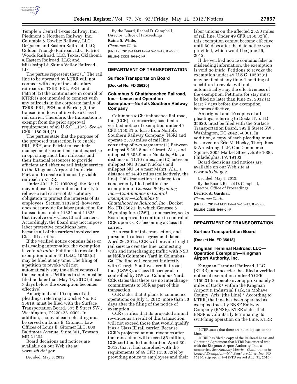 Federal Register/Vol. 77, No. 92/Friday, May 11, 2012/Notices