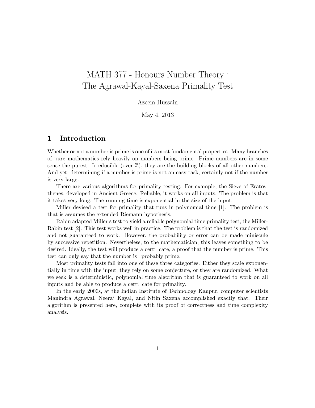 Honours Number Theory : the Agrawal-Kayal-Saxena Primality Test