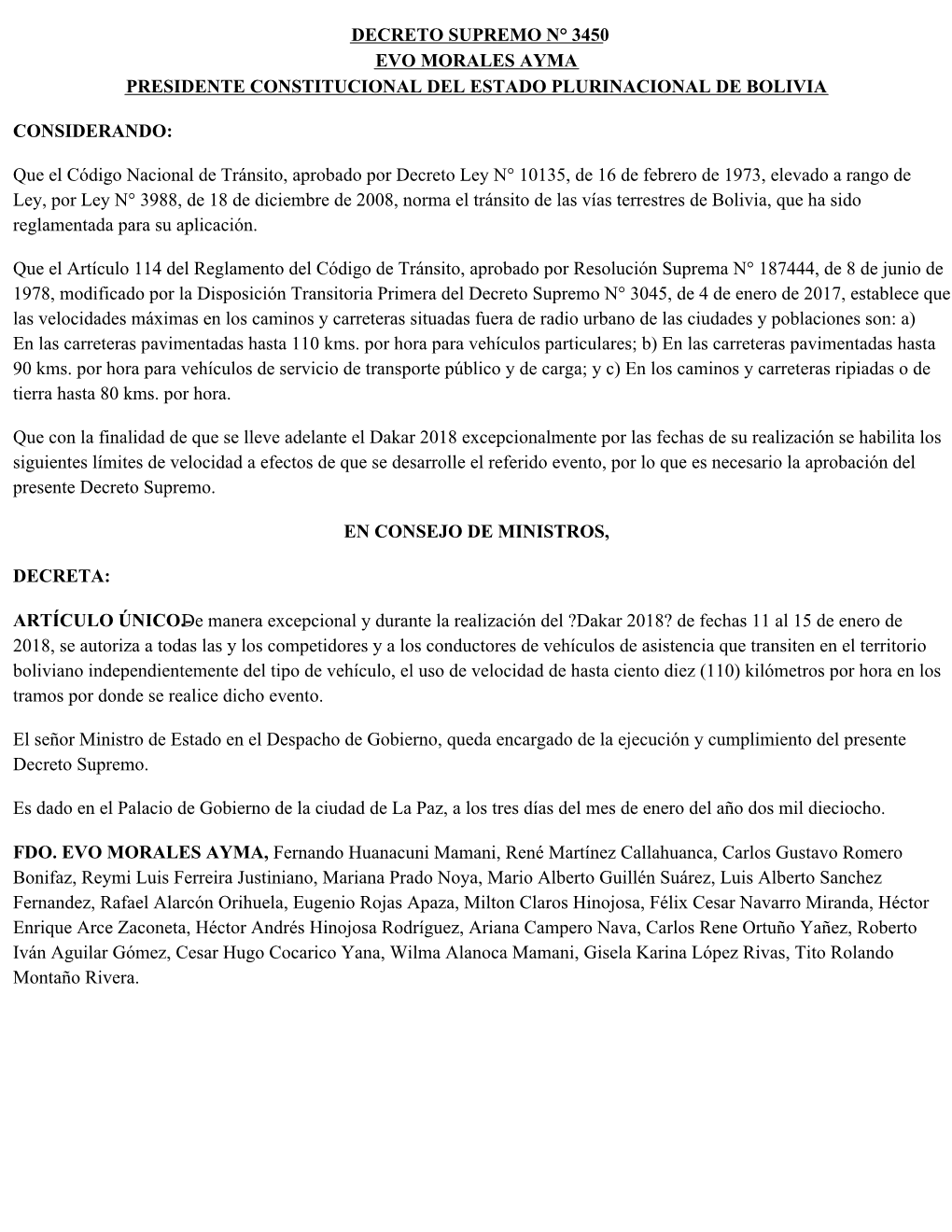 Decreto Supremo N° 3450 Evo Morales Ayma Presidente Constitucional Del Estado Plurinacional De Bolivia