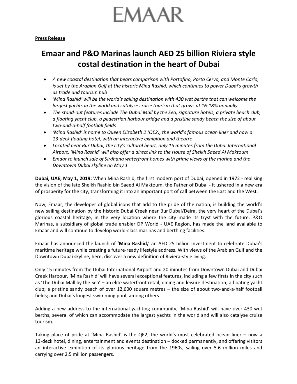 Emaar and P&O Marinas Launch AED 25 Billion Riviera Style Costal