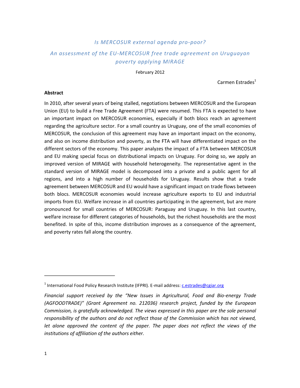 Is MERCOSUR External Agenda Pro-Poor? an Assessment of the EU-MERCOSUR Free Trade Agreement on Uruguayan Poverty Applying MIRAGE