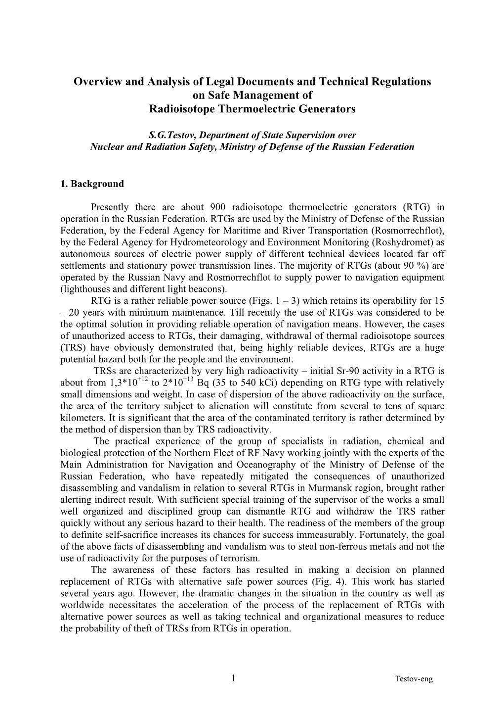 Overview and Analysis of Legal Documents and Technical Regulations on Safe Management of Radioisotope Thermoelectric Generators