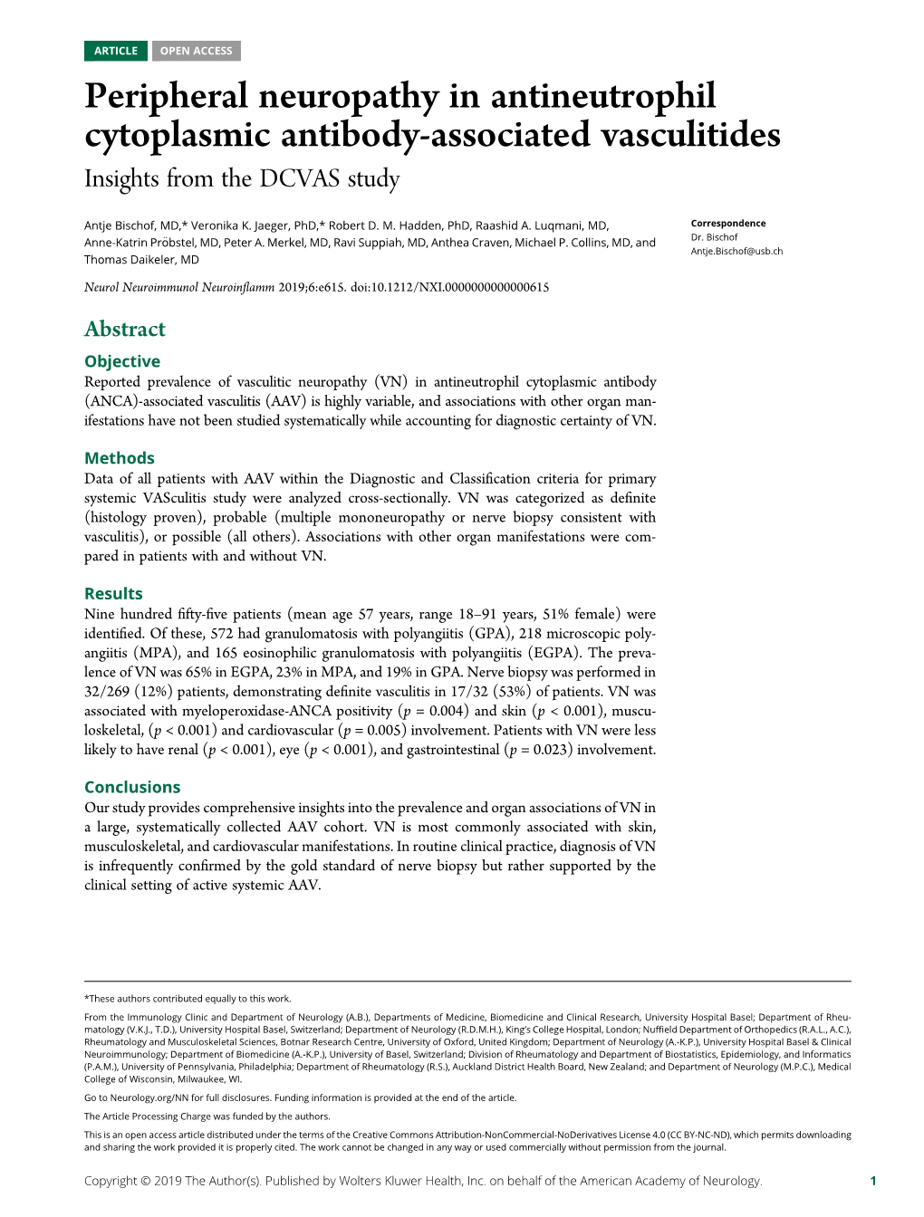 Peripheral Neuropathy in Antineutrophil Cytoplasmic Antibody-Associated Vasculitides Insights from the DCVAS Study