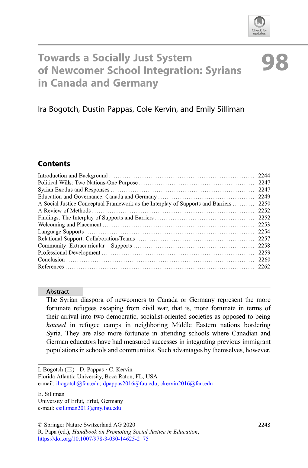 Towards a Socially Just System of Newcomer School Integration: Syrians 98 in Canada and Germany