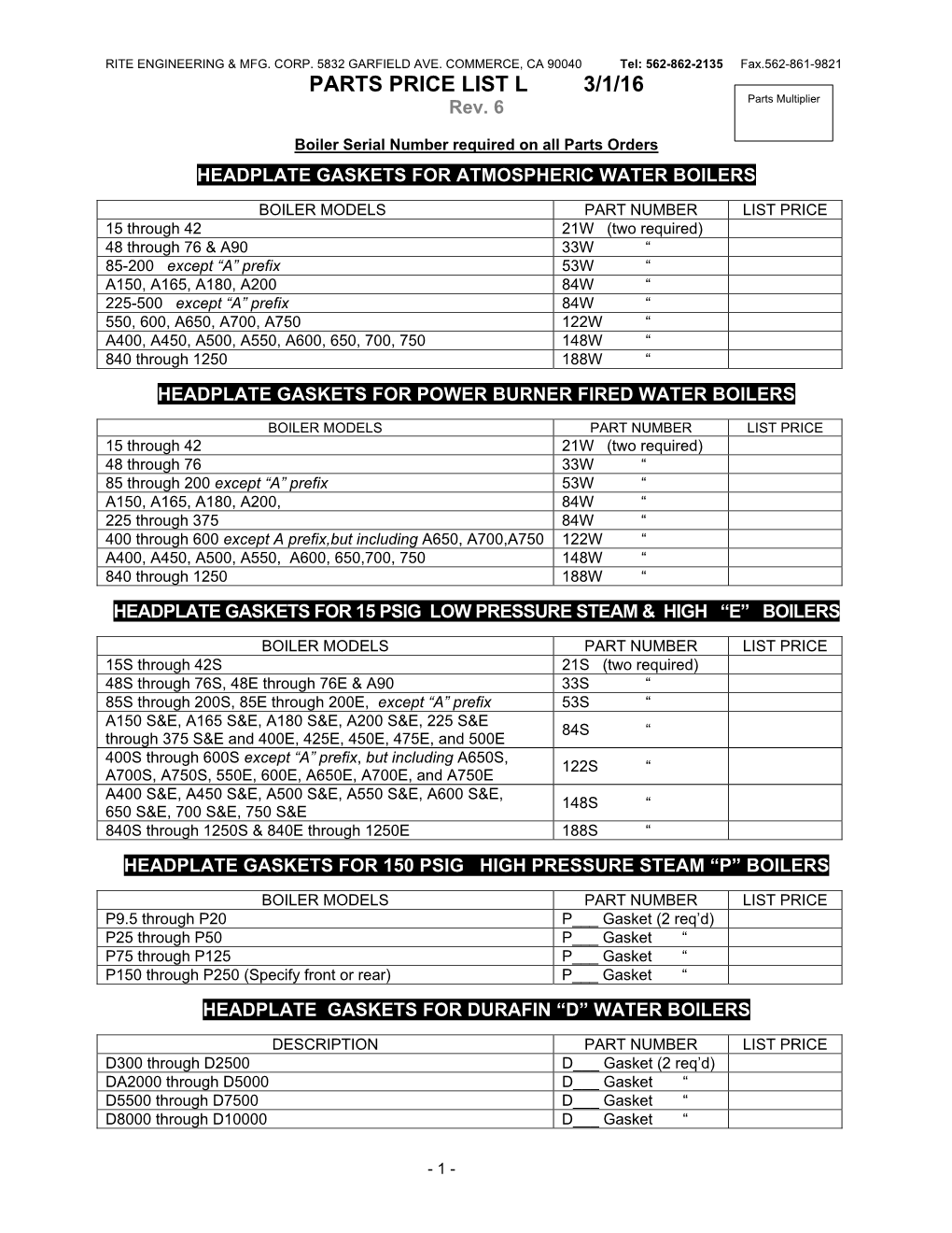 PARTS PRICE LIST L 3/1/16 Parts Multiplier Rev