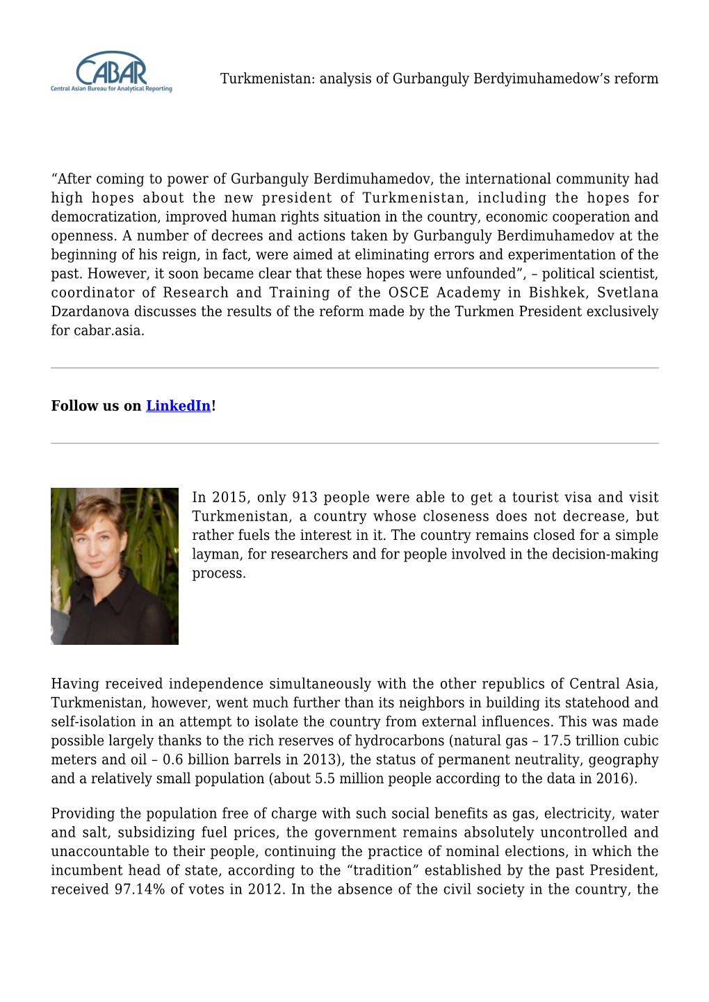 Turkmenistan: Analysis of Gurbanguly Berdyimuhamedow's Reform